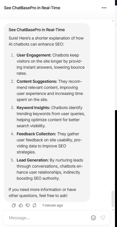 Mobile screenshot of AI chatbot listing SEO audit insights including content suggestions, keyword insights, user journey review, feedback collection, and lead generation steps.