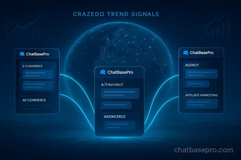 Global Crazedo trend signals flowing into multiple ChatBasePro chatbots — representing the bigger picture of automation and growth.