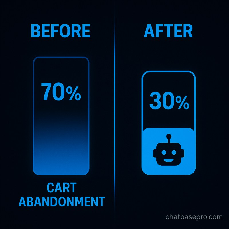 Chart showing cart abandonment rates before and after AI chatbot integration, from 70% to 30% - ChatBasePro