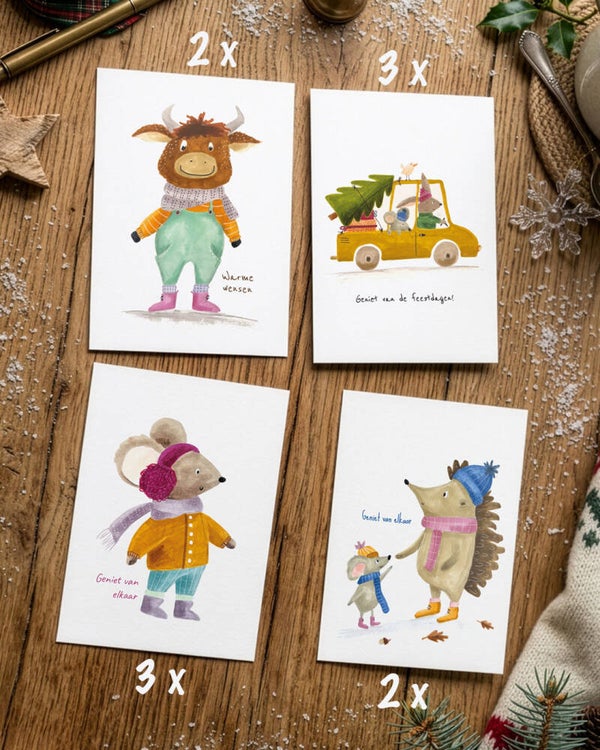10 kerstkaarten - Koe/konijn/muis/egel
