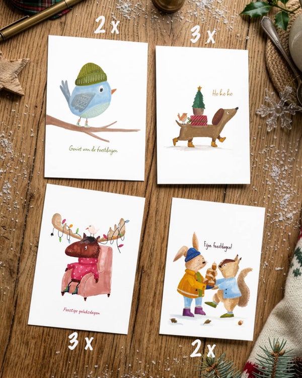 10 kerstkaarten - Vogel/teckel/rendier/konijn