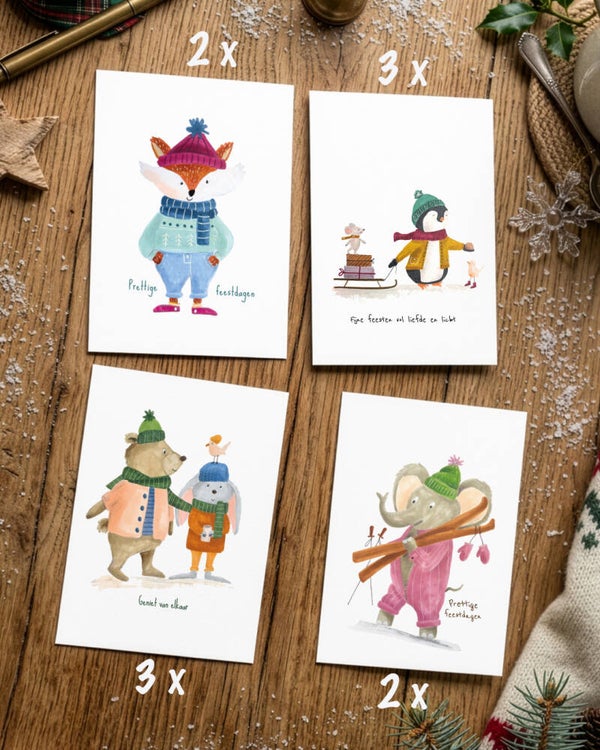 10 kerstkaarten - Vos/pinguin/beer/olifant