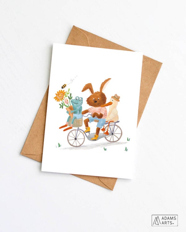 Wenskaart // Fiets met konijn, kikker en eend