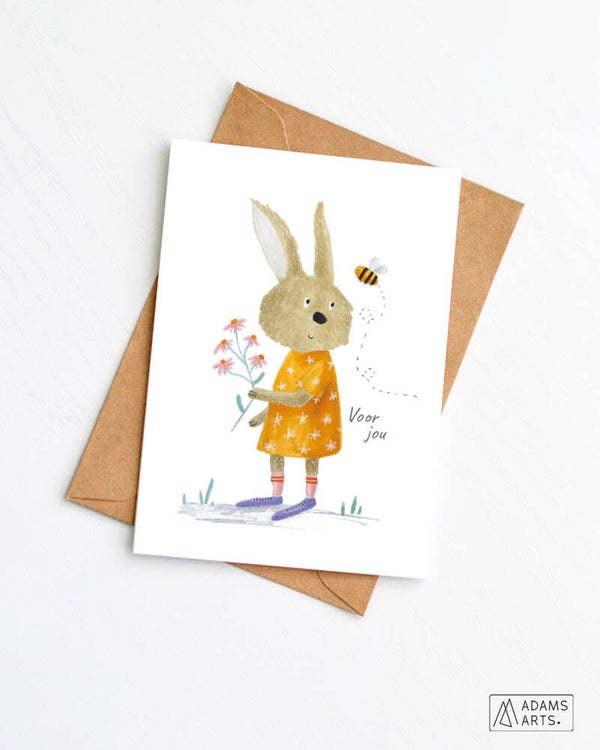 Wenskaart // Voor jou - konijn met bloem