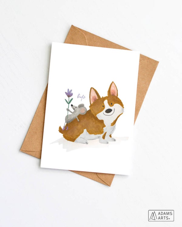 Wenskaart bedanking/beterschap/zomaar - Liefs - corgi en muis