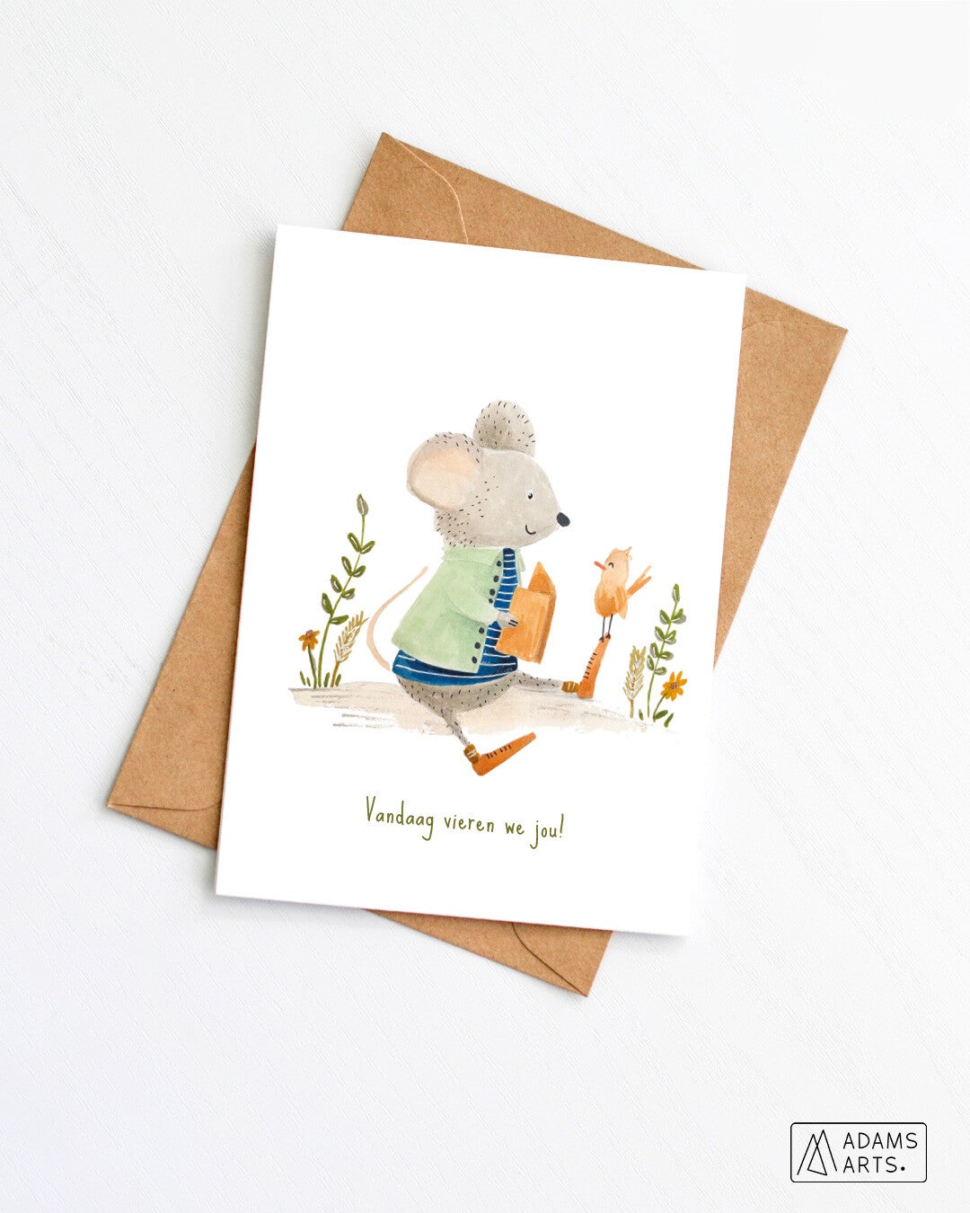 Verjaardagskaart/feestkaart/communiekaart // Vandaag vieren we jou - muis met vogeltje