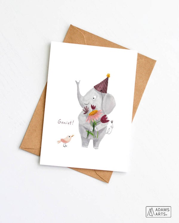 Wenskaart feest // Geniet! - olifant bloemen feesthoed