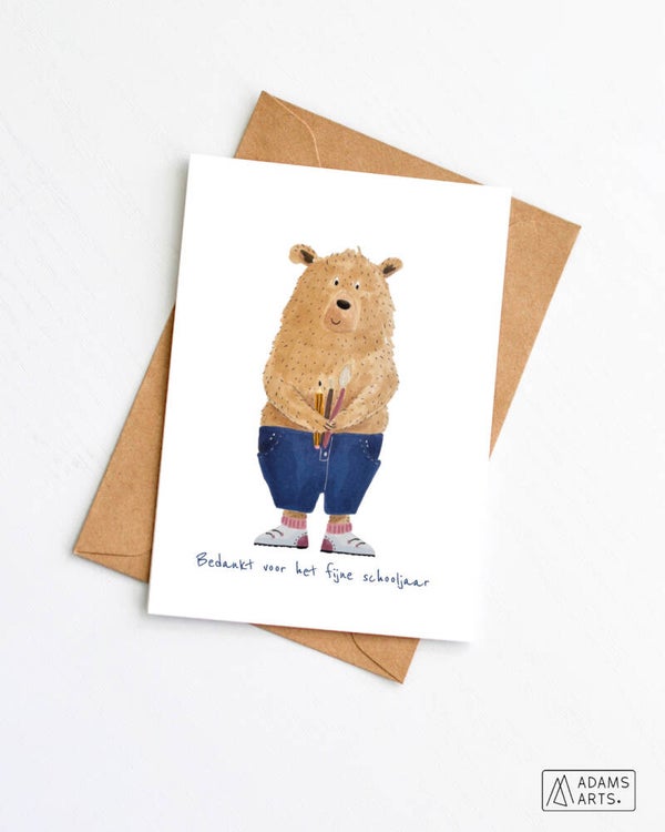 Wenskaart // Bedankt voor het fijne schooljaar - beer met penseel