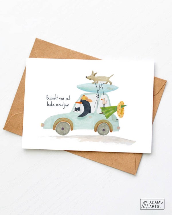 Wenskaart einde schooljaar // Bedankt voor het leuke schooljaar - auto surfen pinguin