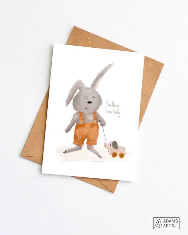 Geboortekaart // Welkom lieve baby - konijn met trekspeeltje