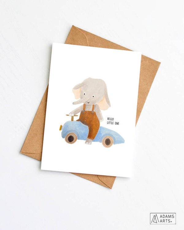 Geboortekaart // Hello little one - olifant op auto