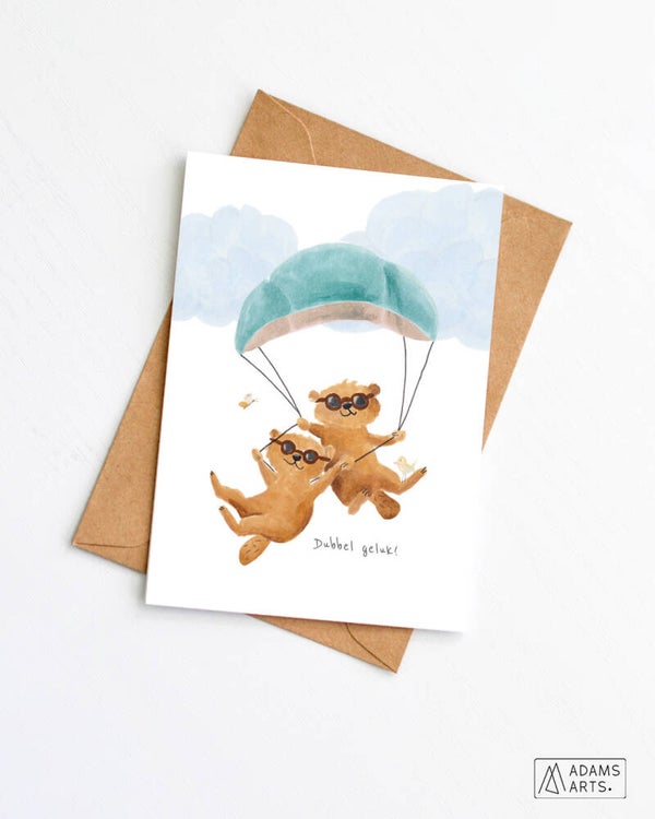 Geboortekaart tweeling // Dubbel geluk - otters met parachute