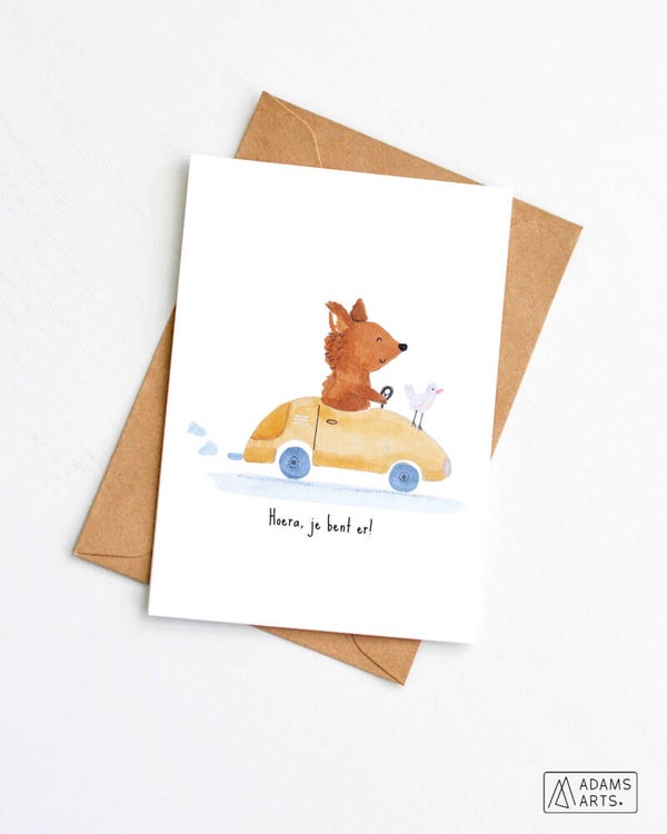 Geboortekaart // Hoera, je bent er! - vosje in auto