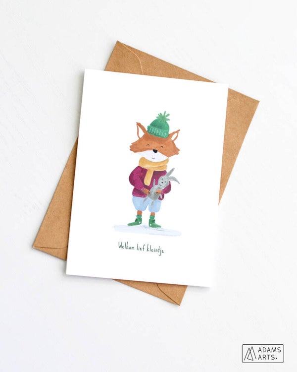 Geboortekaart // Welkom lief kleintje - vos met knuffel