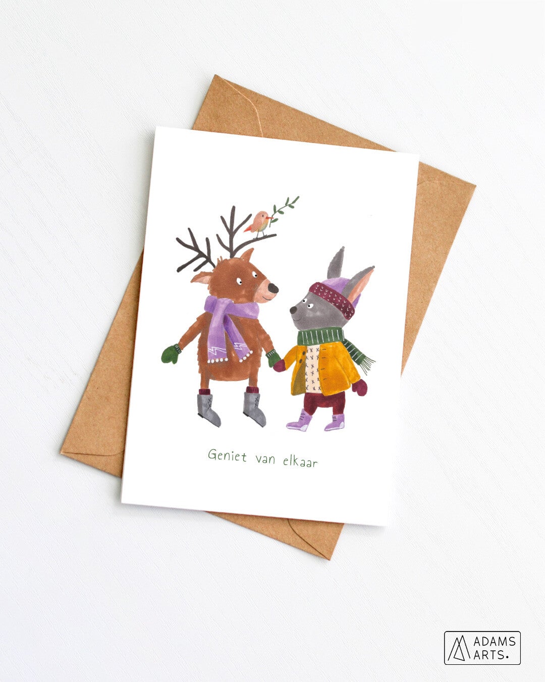 Kerstkaart // Geniet van elkaar - rendier en konijn