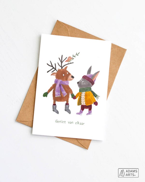 Kerstkaart // Geniet van elkaar - rendier en konijn