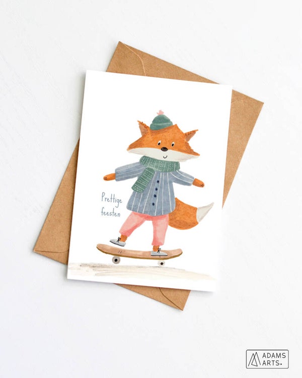 Kerstkaart // Prettige feesten - vos op skateboard
