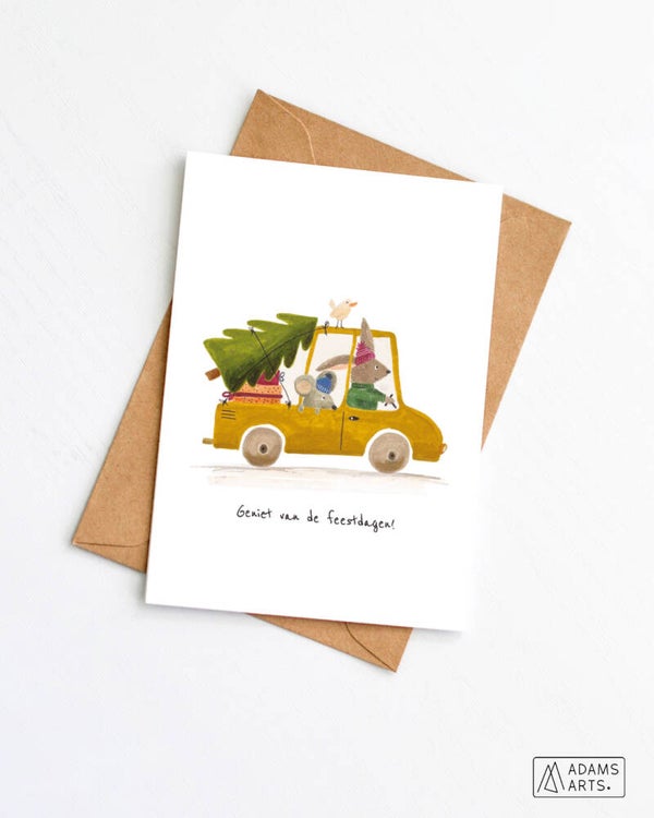 Kerstkaart // Geniet van de feestdagen - gele auto