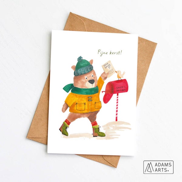 Kerstkaart // Fijne kerst - beer brievenbus