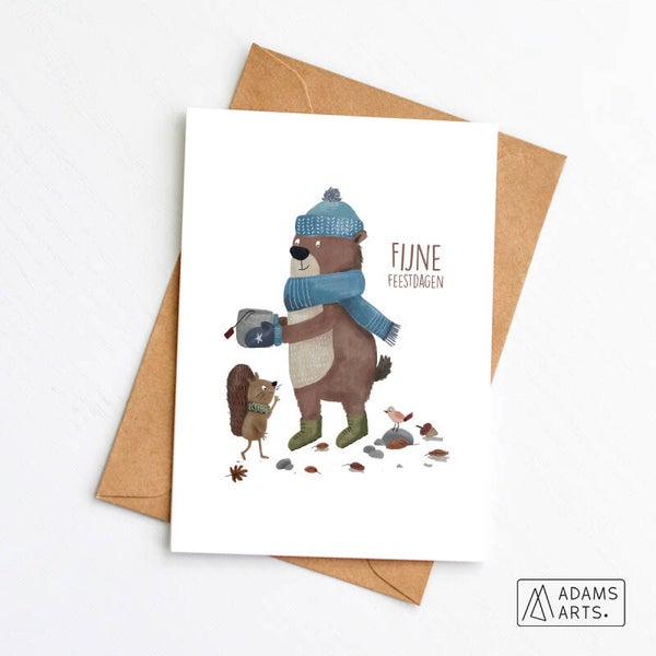 Kerstkaart // Fijne feestdagen - beer met eekhoorn