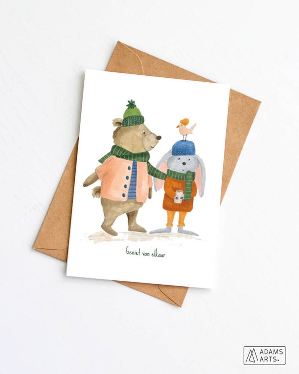 Kerstkaart // Geniet van elkaar - beer en konijn