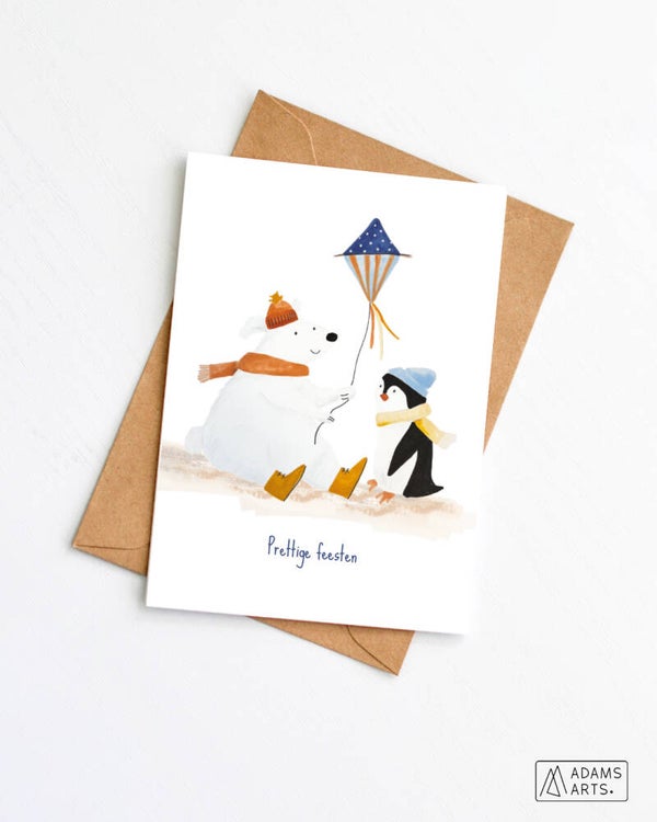 Kerstkaart // Prettige feesten - ijsbeer & pinguin