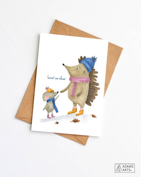 Kerstkaart // Geniet van elkaar - egel en muis