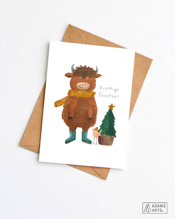 Kerstkaart // Prettige feesten - highland cow