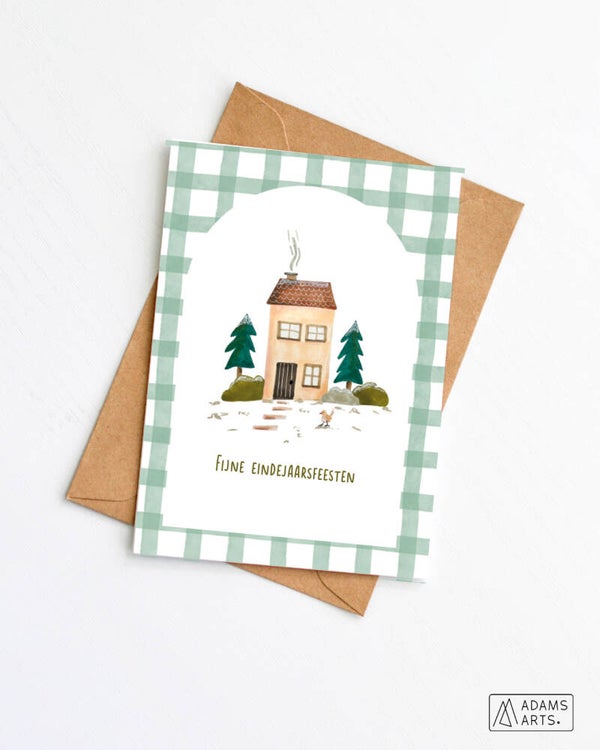 Kerstkaart geruit // Fijne eindejaarsfeesten - huisje