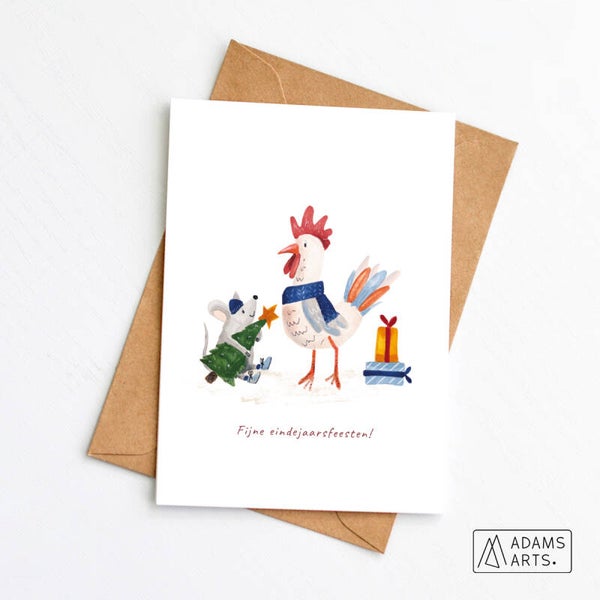 Kerstkaart // Fijne eindejaarsfeesten - kip & muis