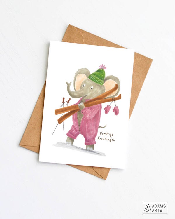 Kerstkaart // Prettige feestdagen - olifant met ski's