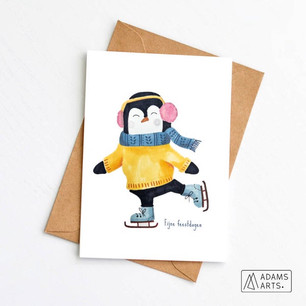 Kerstkaart // Fijne feestdagen - pinguïn met oorverwarmers