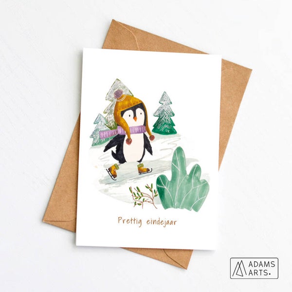 Kerstkaart // Prettig eindejaar - pinguin schaatst
