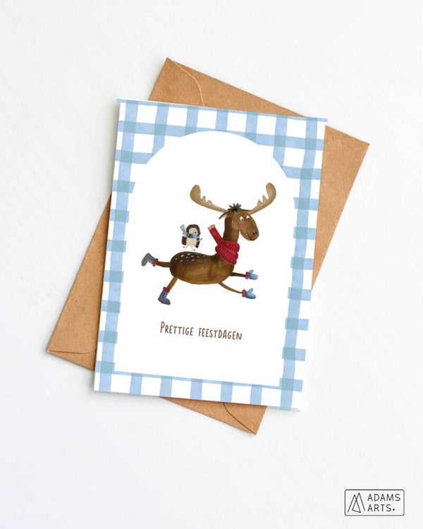 Kerstkaart geruit // Prettige eindejaarsfeesten - eland en egel