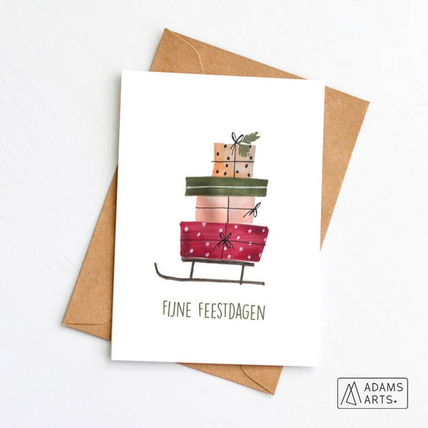 Kerstkaart // Fijne feestdagen - slee met cadeaus