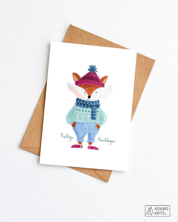 Kerstkaart // Prettige feestdagen - vos met muts