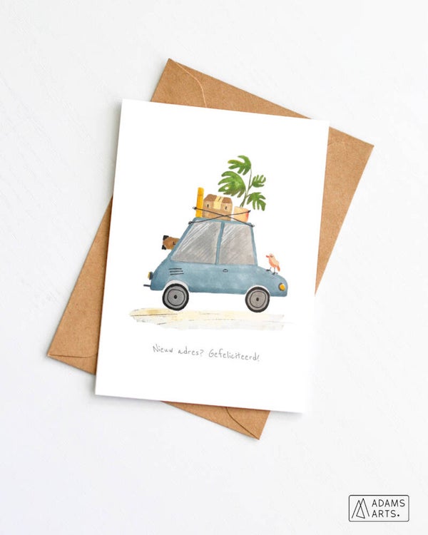 Wenskaart // Nieuw adres? Gefeliciteerd! - verhuisauto