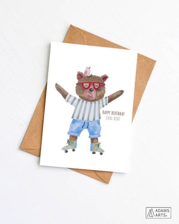 Verjaardagskaart // Happy birthday cool kid - beer op skateboard
