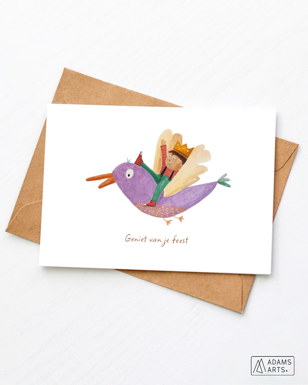 Verjaardagskaart/feestkaart/communiekaart // Geniet van je feest - jongen op vogel