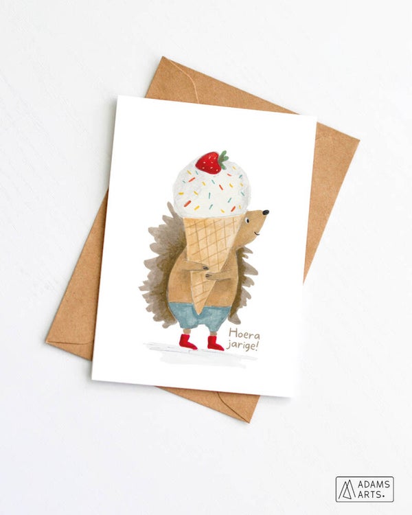 Verjaardagskaart // Hoera jarige - egel met ijsje
