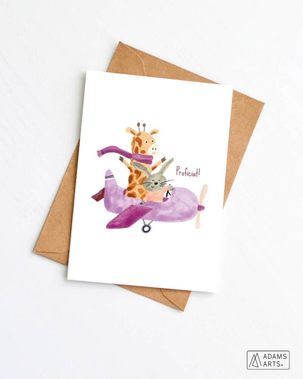 Verjaardagskaart // Proficiat - vliegtuig giraf & konijn