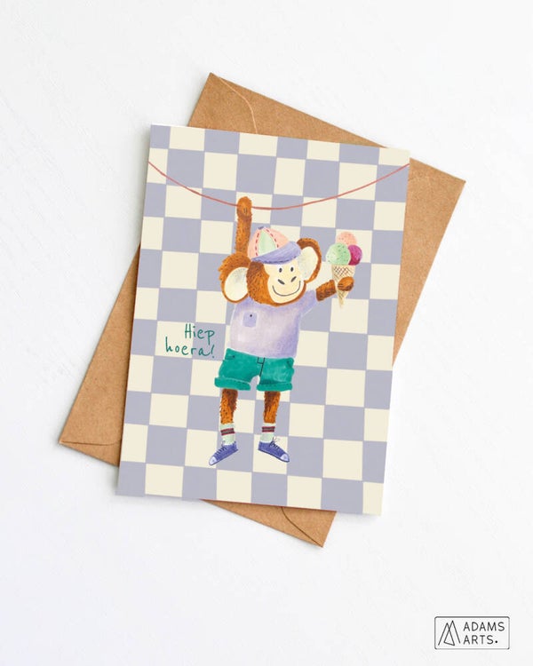 Verjaardagskaart/feestkaart/communiekaart // Hiep hoera - aap met ijsje