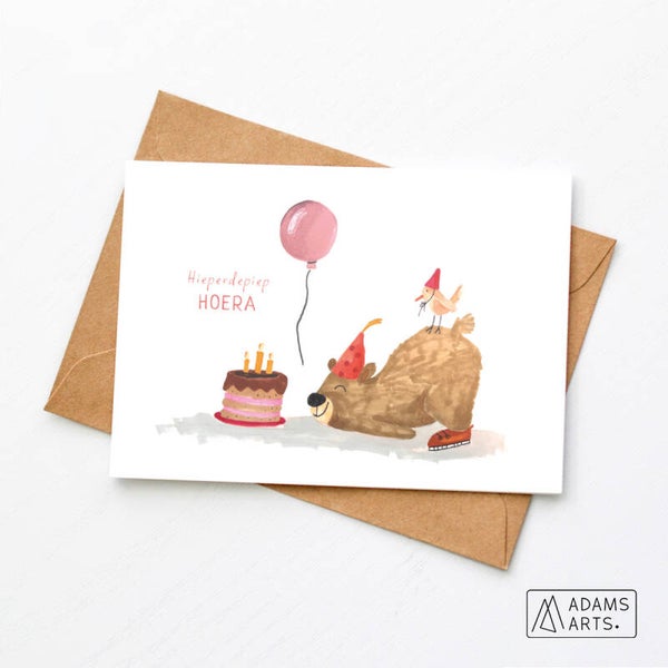 Verjaardagskaart // Hieperdepiep hoera - beer taart