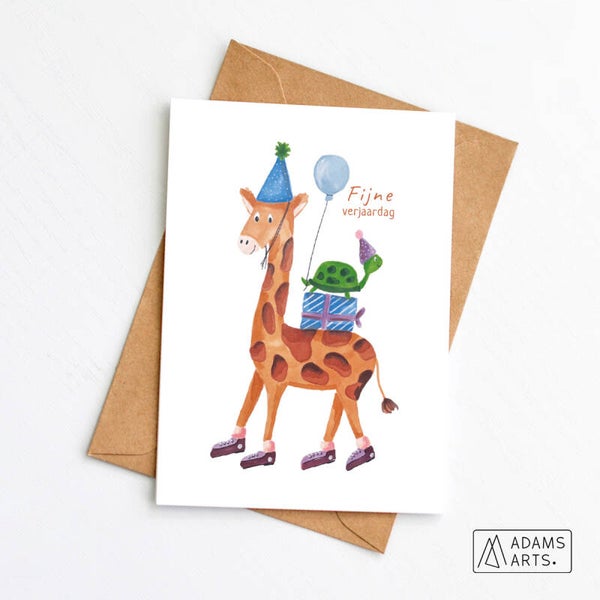 Verjaardagskaart // Fijne verjaardag - giraf & schildpad