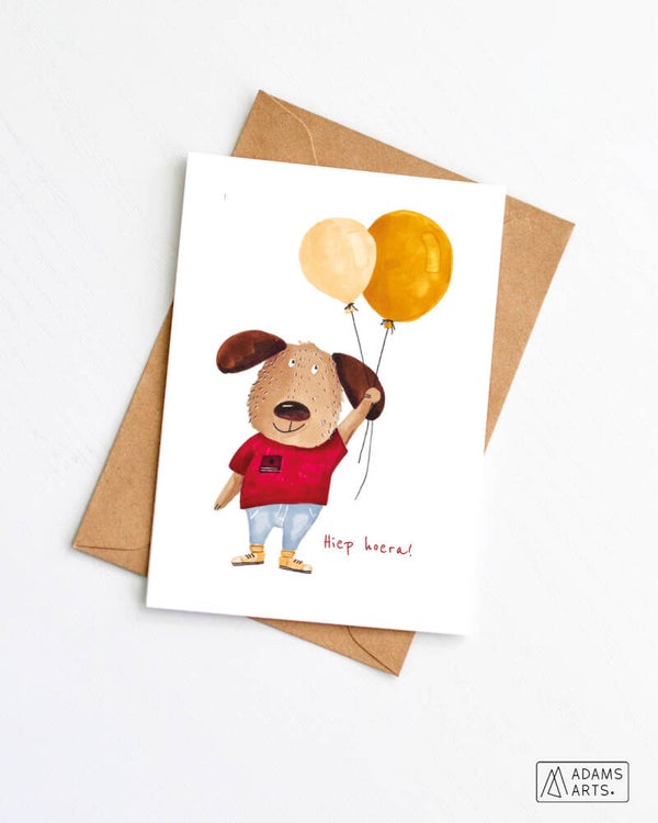Verjaardagskaart // Hiep hoera - hond ballonnen