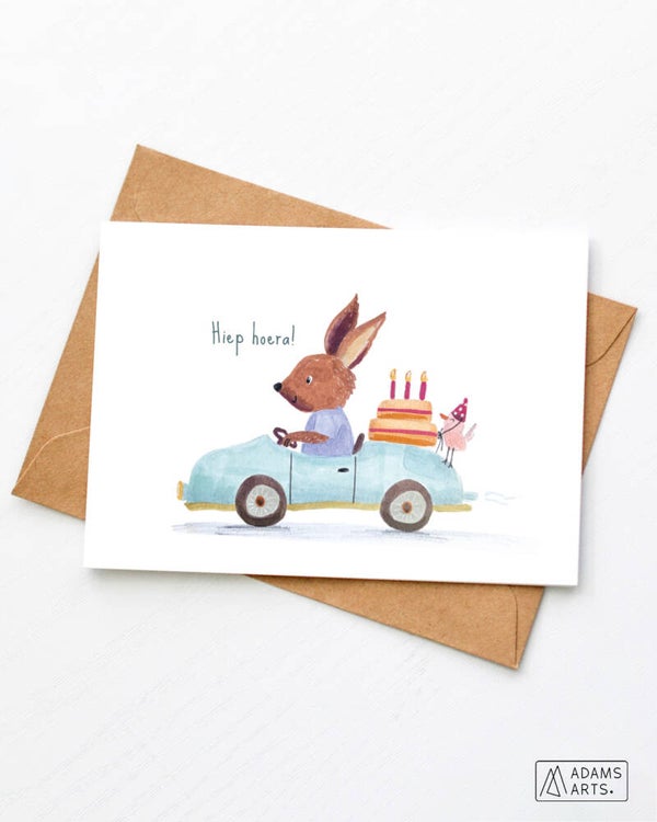 Verjaardagskaart/feestkaart/communiekaart // Hiep hoera - konijn in auto