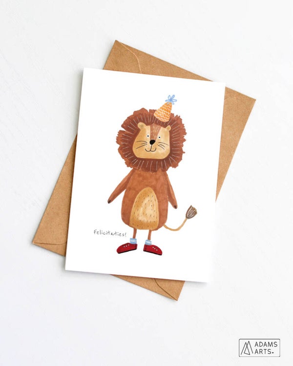 Verjaardagskaart // Felicitaties - leeuw met feesthoed