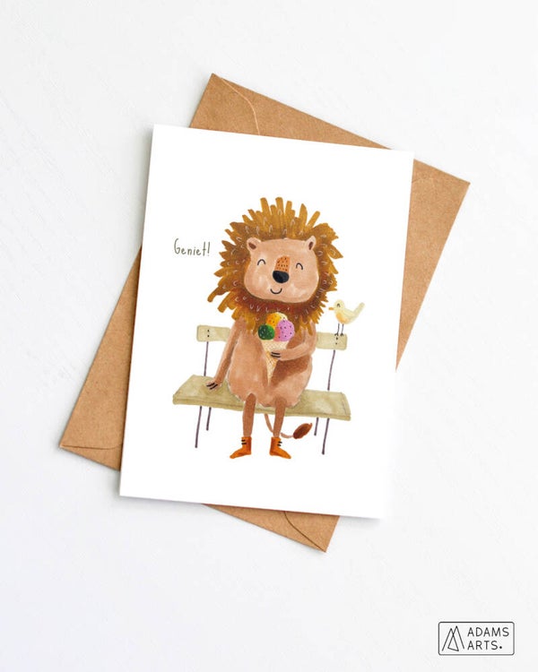 Verjaardagskaart/feestkaart/communiekaart // Geniet - leeuw met ijsje