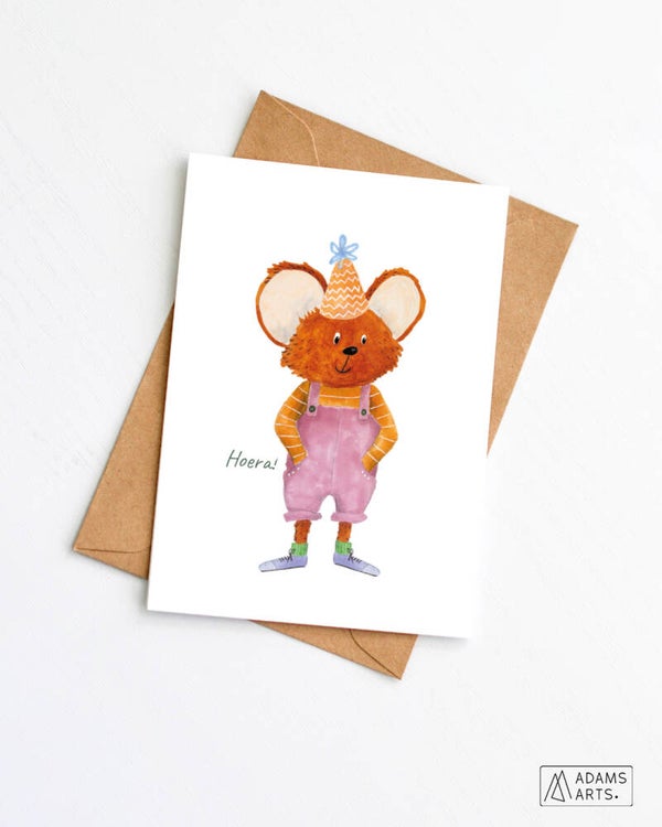 Verjaardagskaart // Hoera - muis met feesthoed