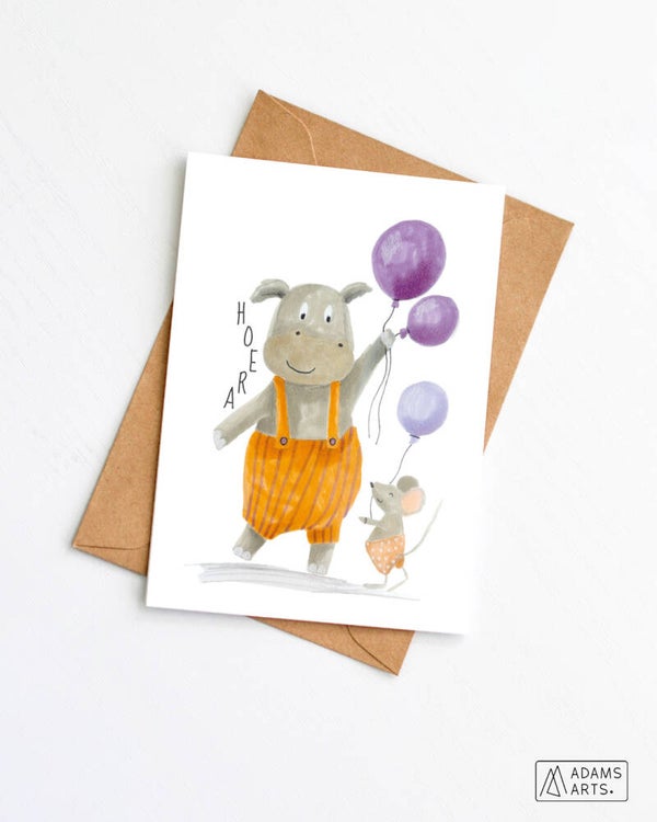Verjaardagskaart/feestkaart/communiekaart // Hoera - nijlpaard & muis